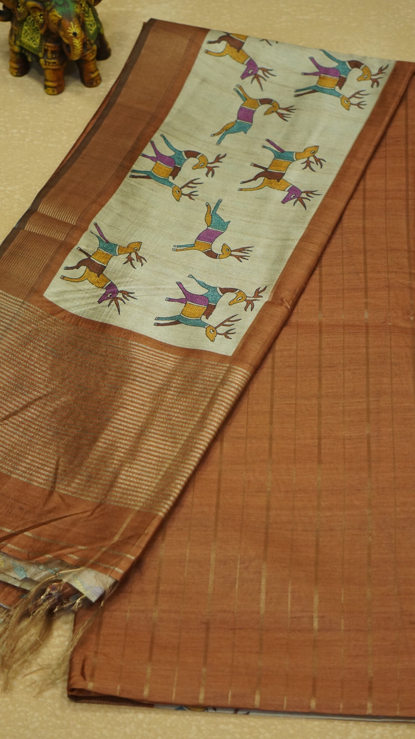 Semi Tussar Saree With Deer Border - Brown