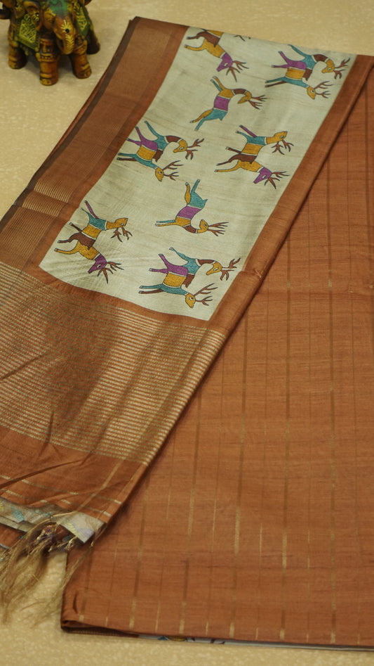 Semi Tussar Saree With Deer Border - Brown