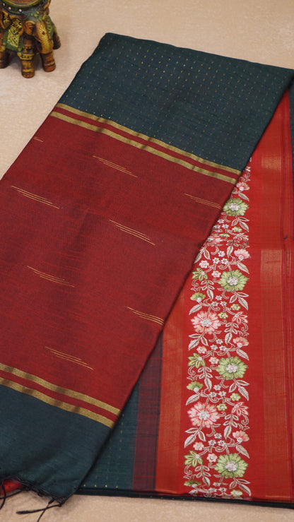 Semi Raw Silk Saree - Bottle Green with Red Floral Border