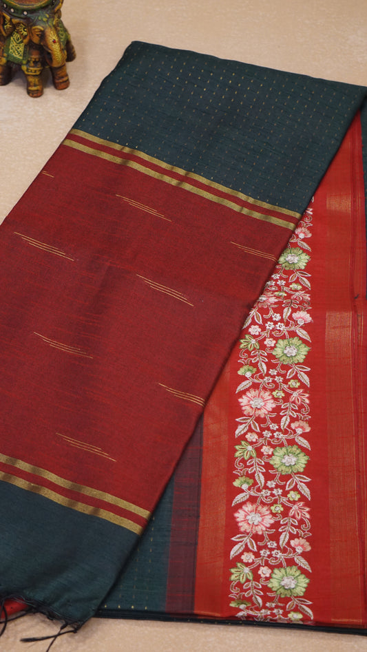 Semi Raw Silk Saree - Bottle Green with Red Floral Border