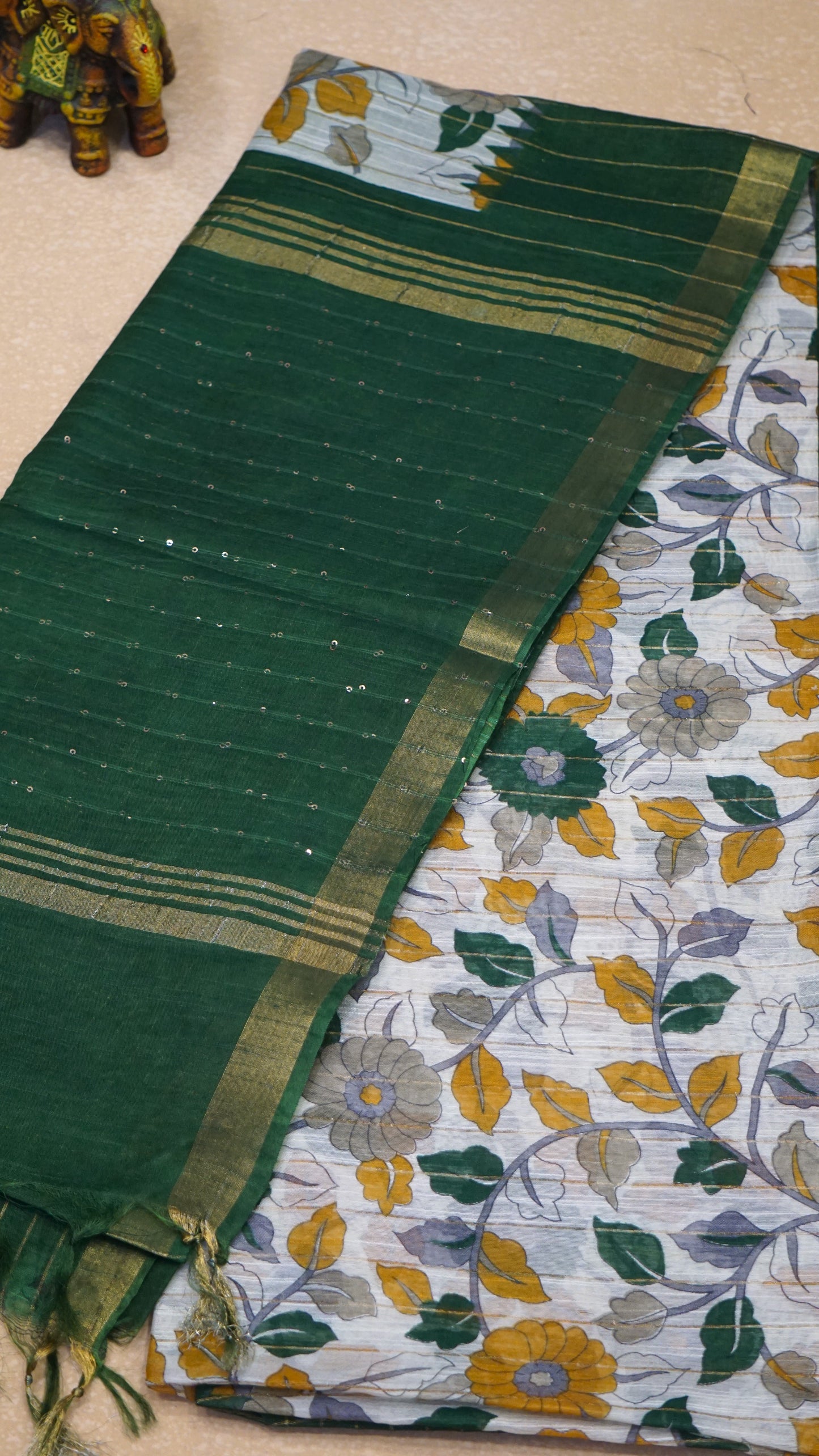 Bhagalpur Tussar Saree Kalamkari Print - Bottle Green