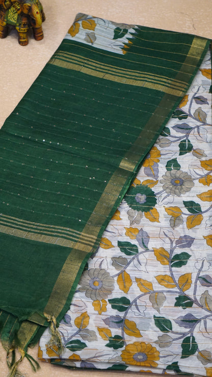Bhagalpur Tussar Saree Kalamkari Print - Bottle Green