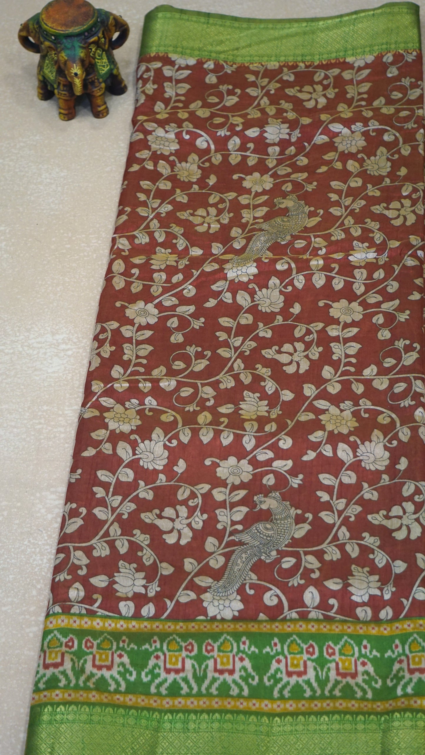 Semi Pattola Saree Kalamkari Print - Rust Orange