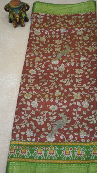 Semi Pattola Saree Kalamkari Print - Rust Orange