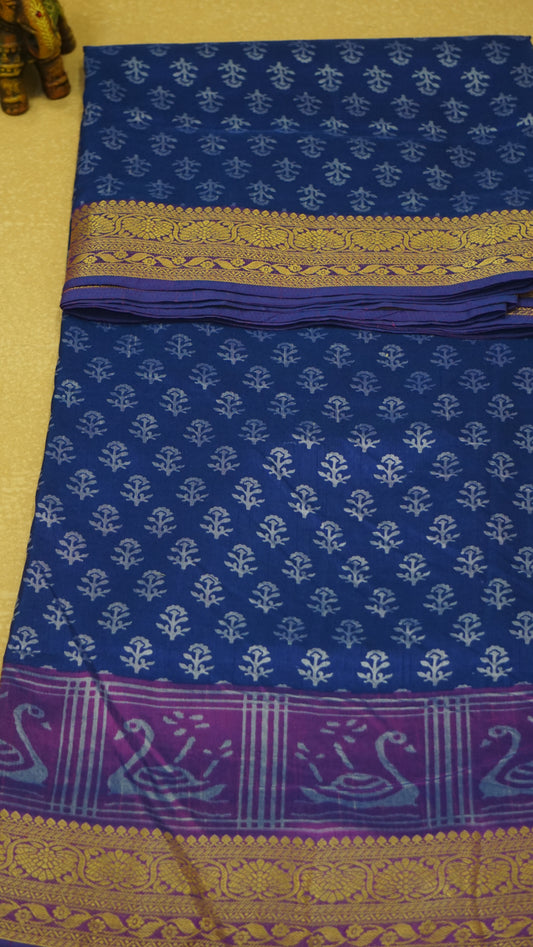 Semi Pattola With Swan Print Border - Blue