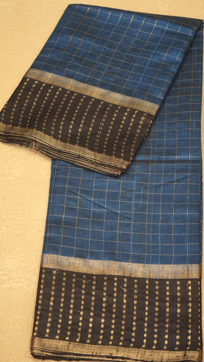 Pure Dupion Silk Saree Checks - Peacock Blue with Navy Blue Border