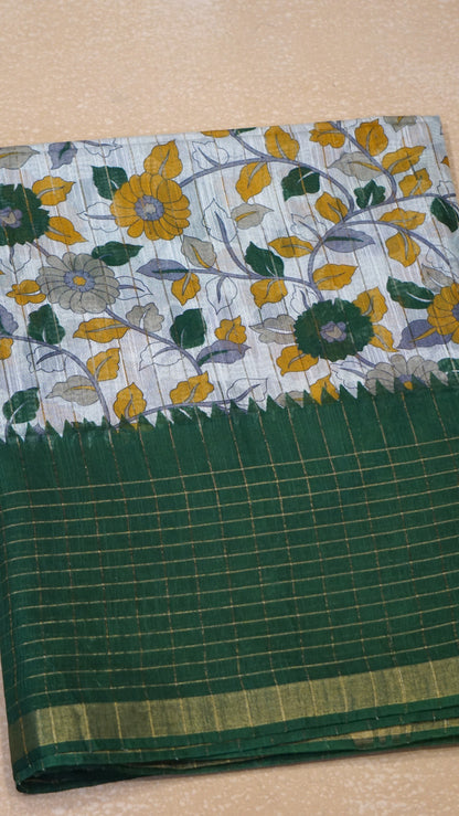 Bhagalpur Tussar Saree Kalamkari Print - Bottle Green