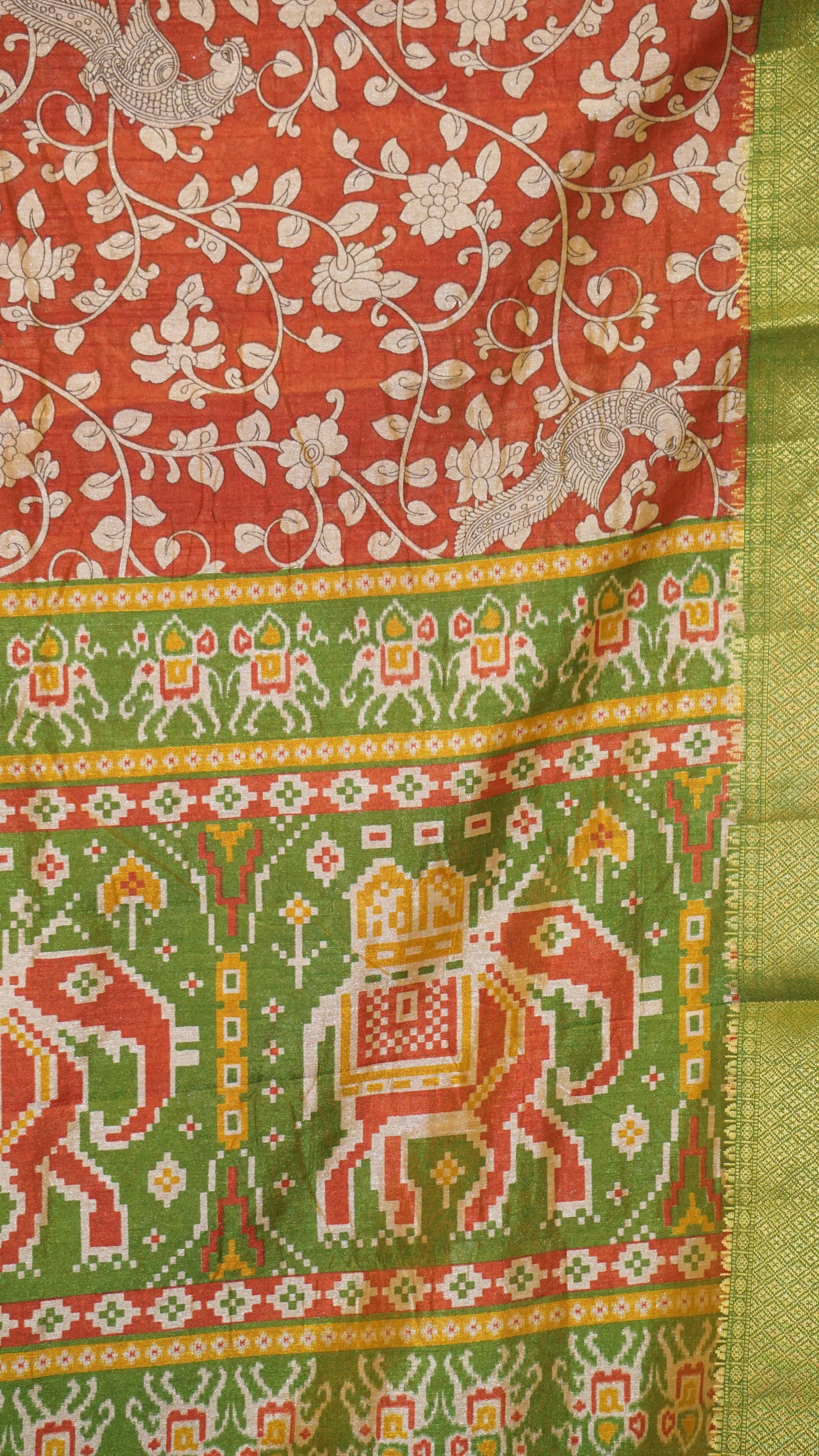 Semi Pattola Saree Kalamkari Print - Rust Orange