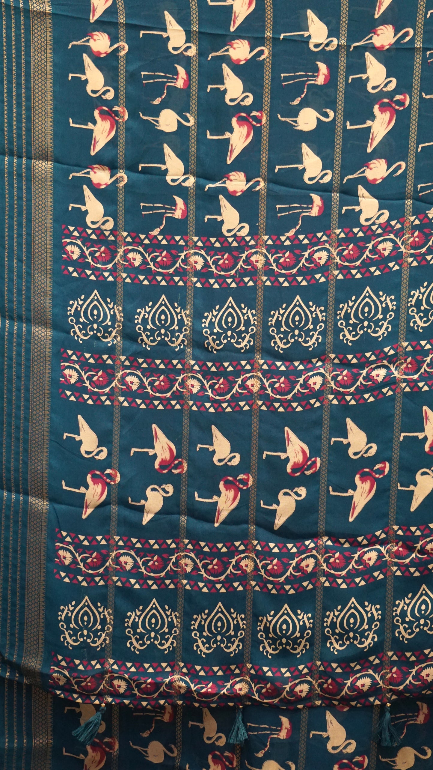 Shiffon Saree Flamingo Design - Teal Blue