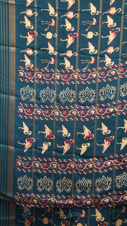 Shiffon Saree Flamingo Design - Teal Blue