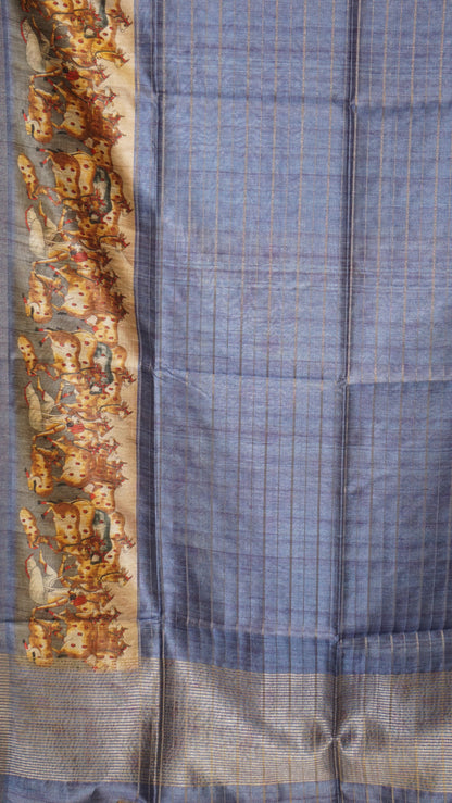 Semi Tussar Saree With Pichwai Border - Blue