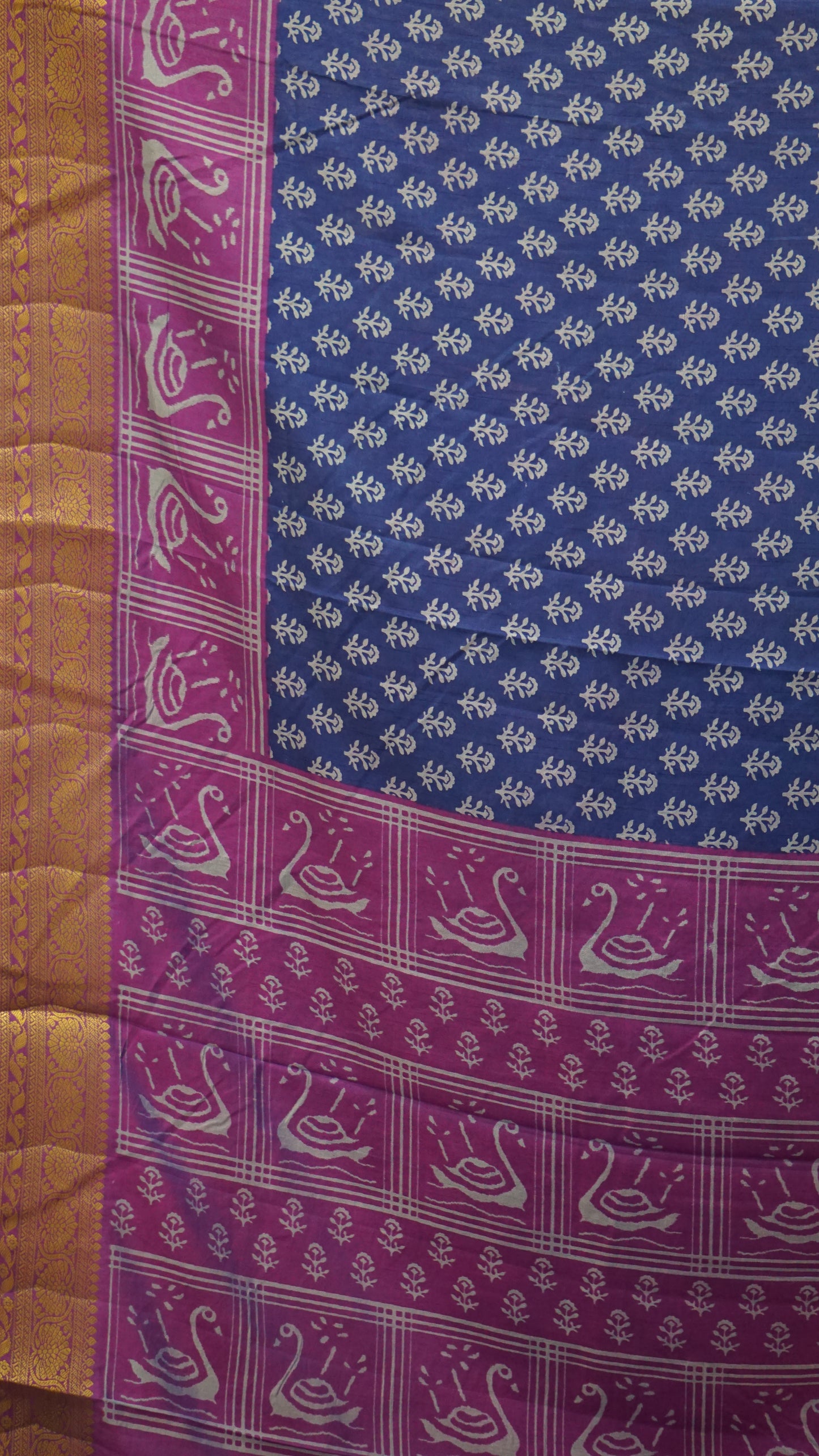 Semi Pattola With Swan Print Border - Blue