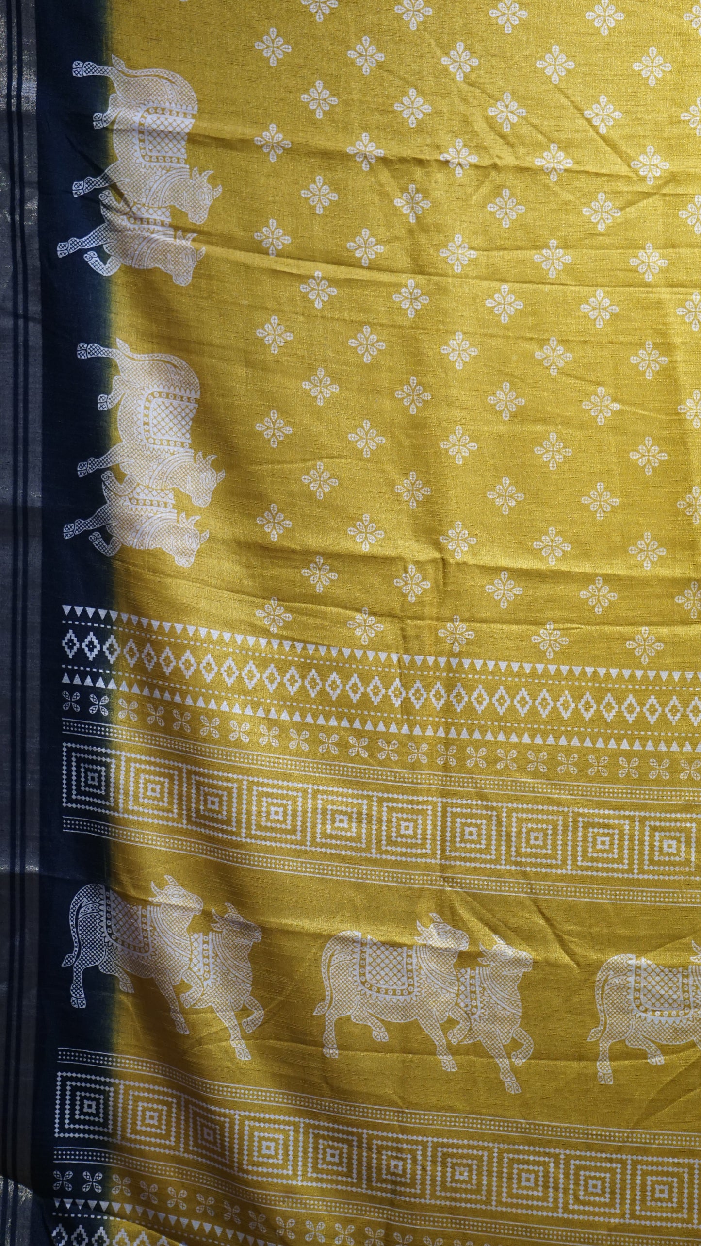 Shiffon Saree Cow Print Mustard - Black