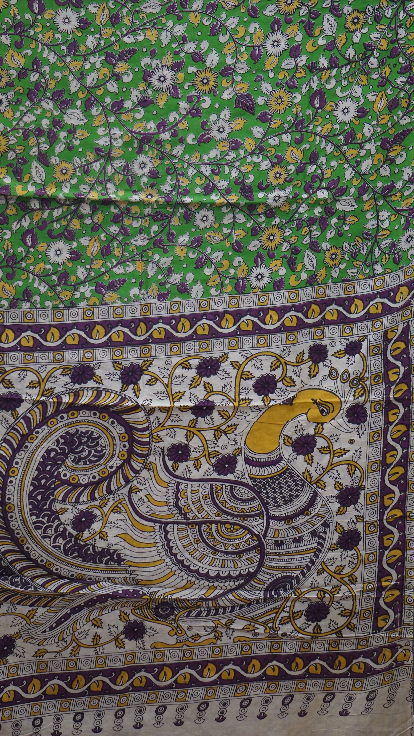 Kalamkari Saree Cotton - Green With Purple Border