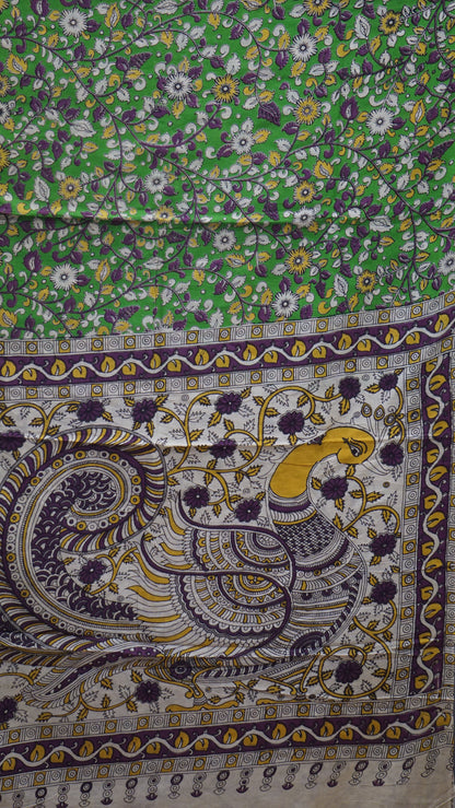 Kalamkari Saree Cotton - Green With Purple Border