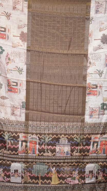 Semi Printed Silk Saree - Olive Green