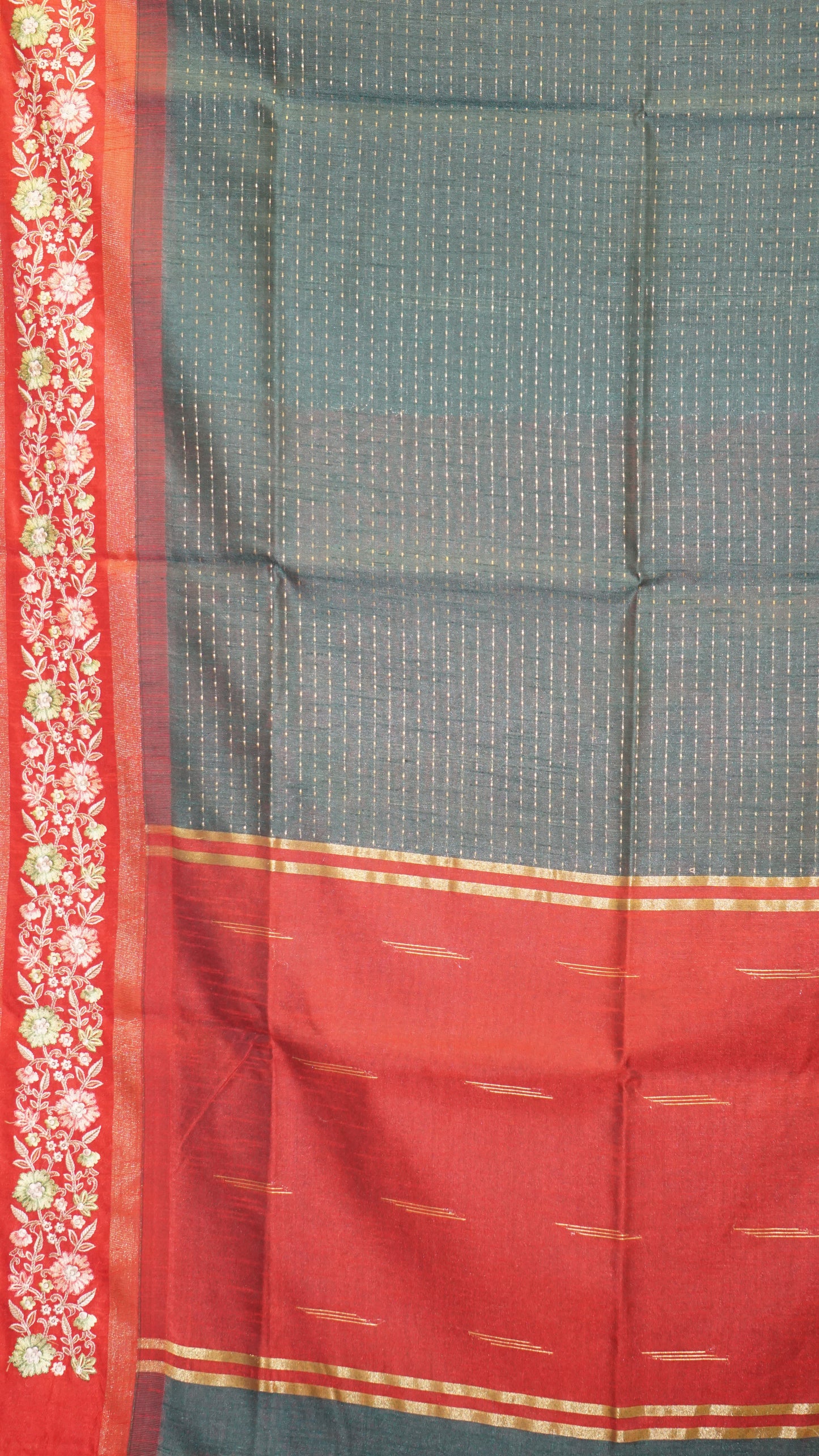 Semi Raw Silk Saree - Bottle Green with Red Floral Border