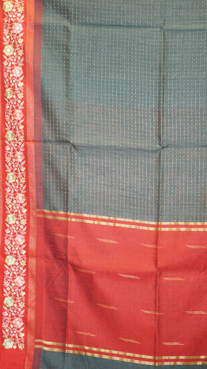 Semi Raw Silk Saree - Bottle Green with Red Floral Border