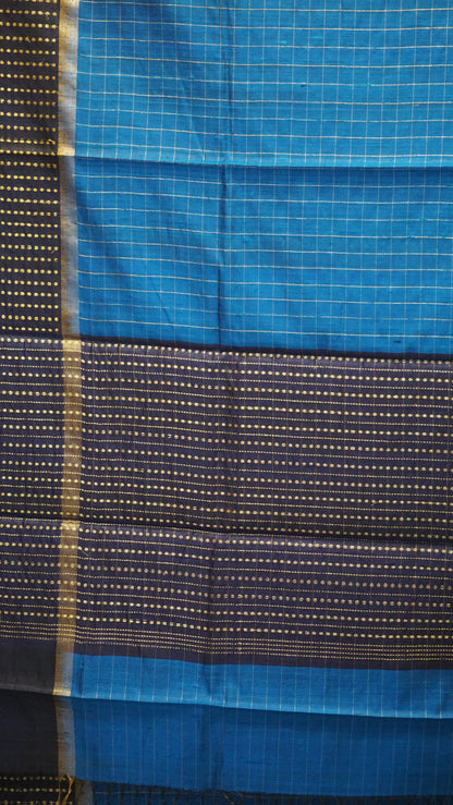 Pure Dupion Silk Saree Checks - Peacock Blue with Navy Blue Border