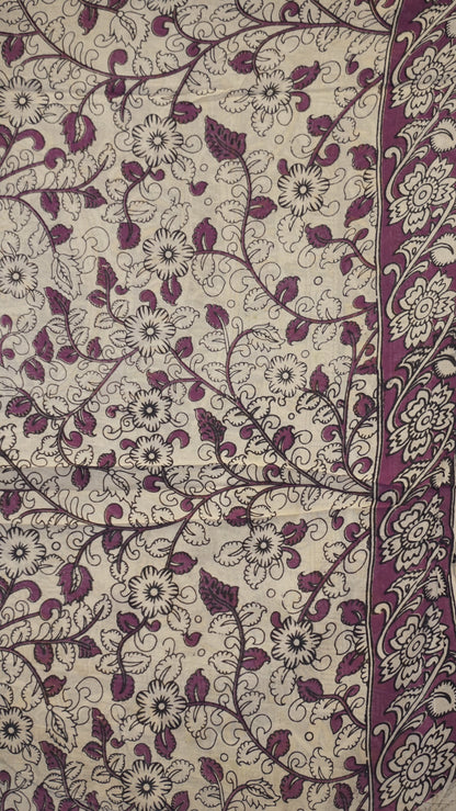 Kalamkari Saree Cotton - Green With Purple Border