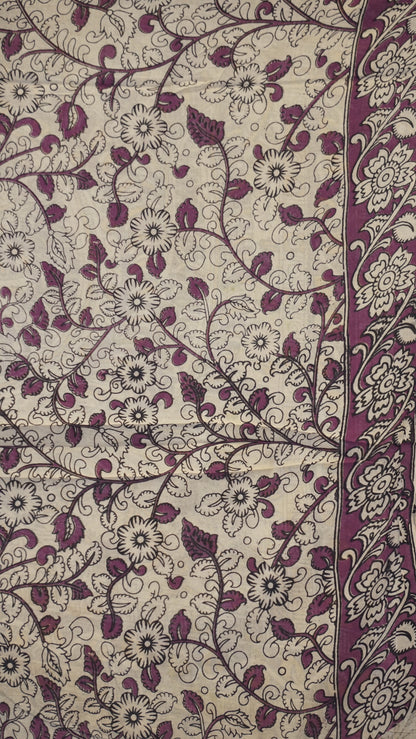 Kalamkari Saree Cotton - Green With Purple Border