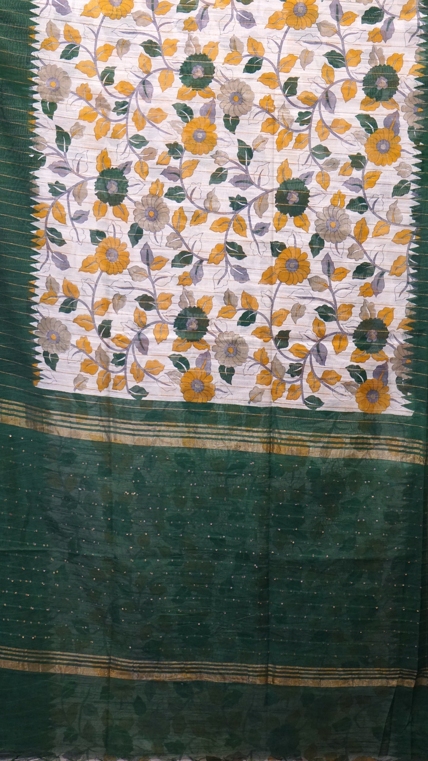 Bhagalpur Tussar Saree Kalamkari Print - Bottle Green
