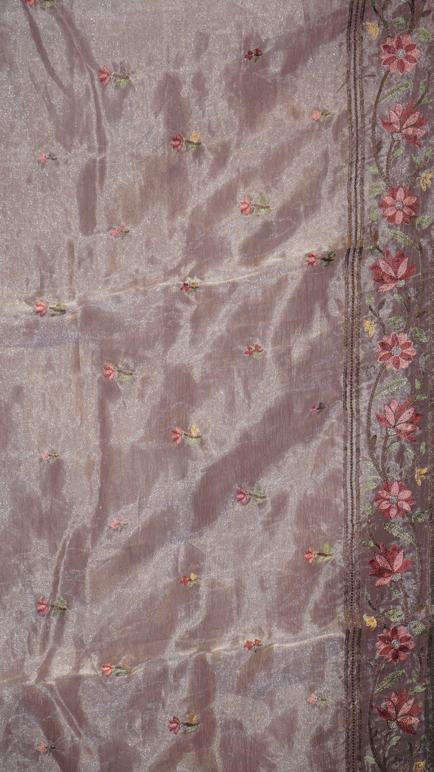 Semi Tussar Saree Crushed With Tissue Border Pink