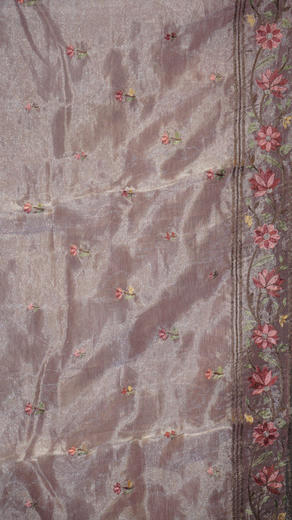 Semi Tussar Saree Crushed With Tissue Border Pink