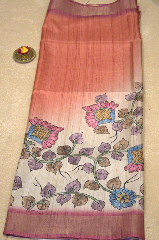 Semi Tussar Saree Kalamkari Print - Orange Pink