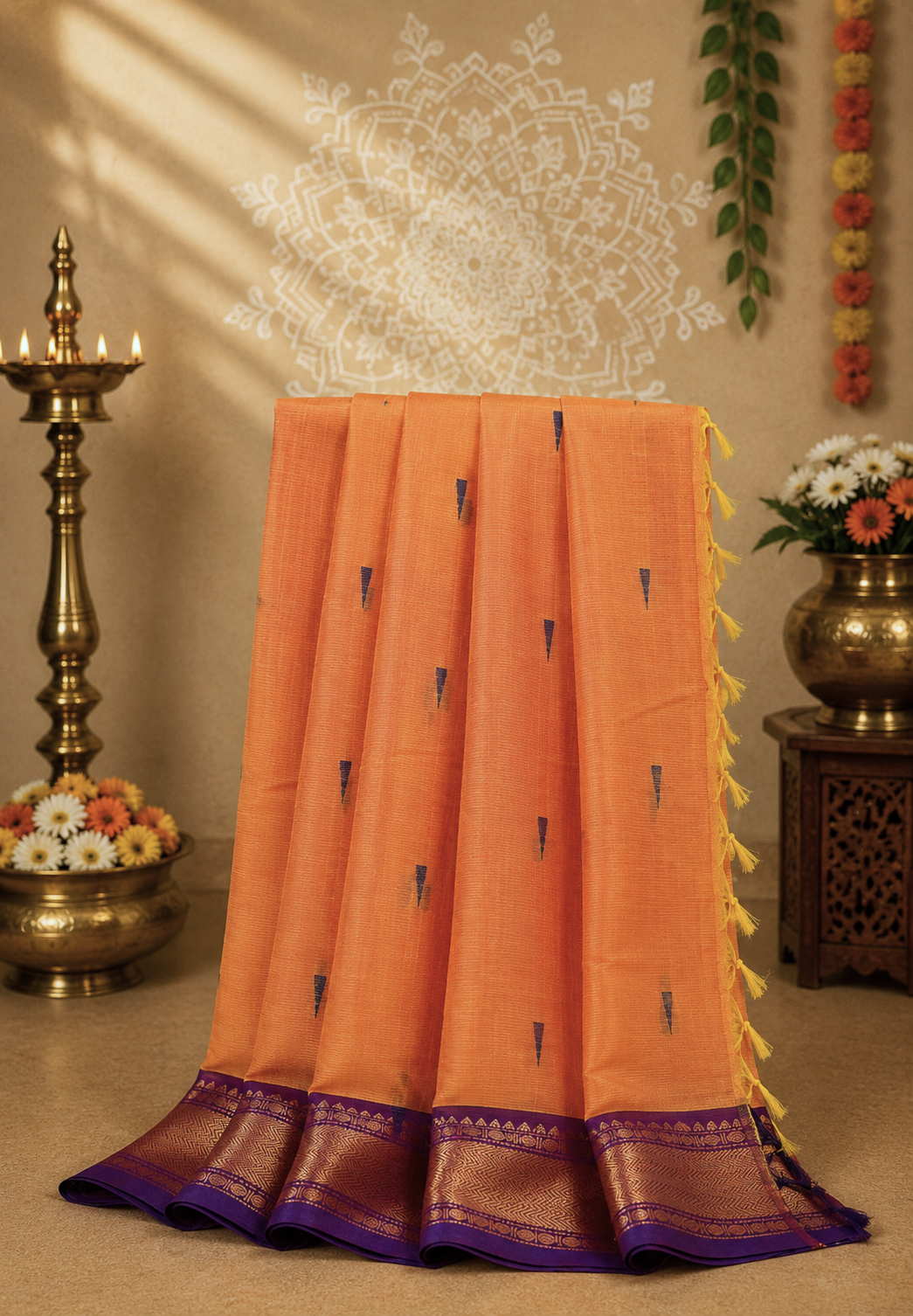 Chettinadu Cotton Saree-Yellowish Orange with Royal Purple Zari Border & Traditional Buttas