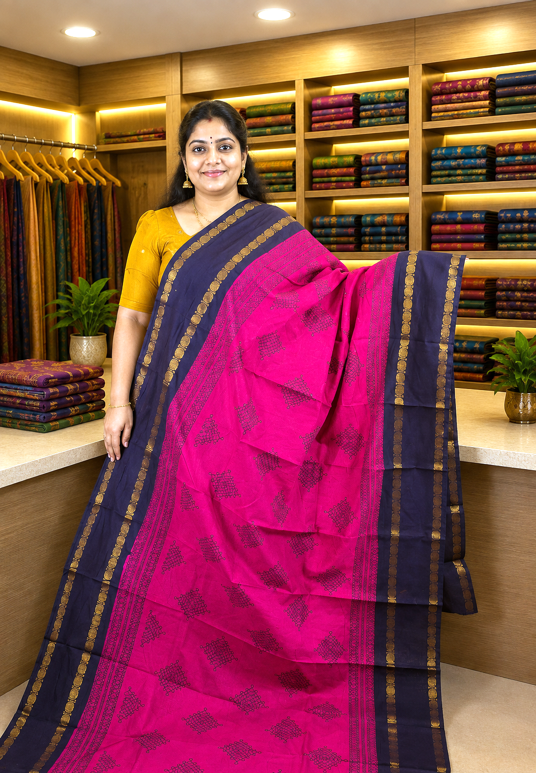 Sungudi Cotton Saree-Rani Pink with Contrast Retapet Border in Kolam Pattern