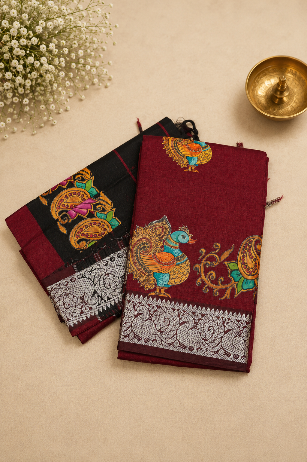 Pure Mangalgiri Silk 2Pc Salwar Material-Maroon with Tanjore Print