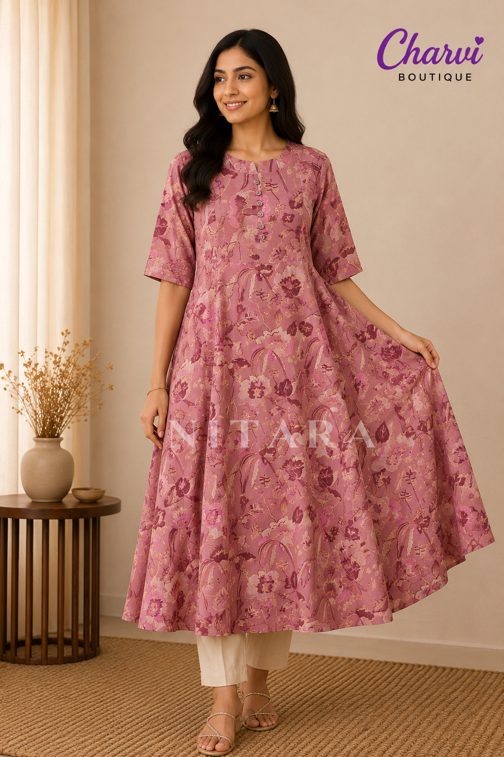 Kurti Top - Pink Button Neck With Floral Design