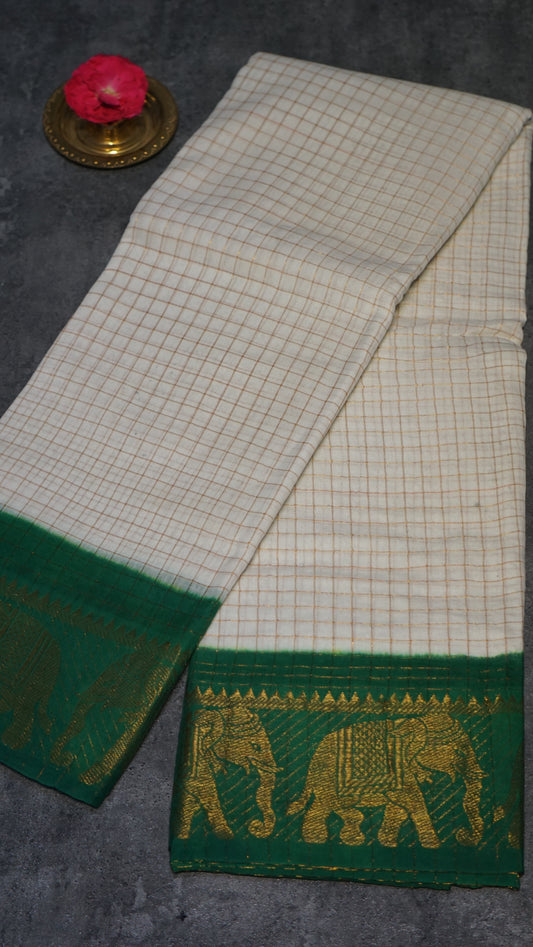 Sungudi Cotton Saree Checks White - Green