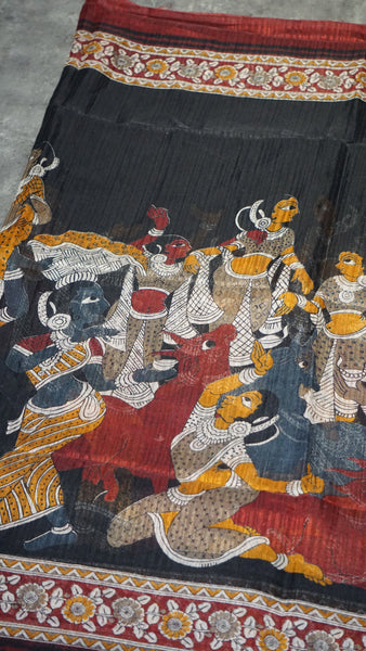 Jute Cotton Saree Kalamkari Print Black
