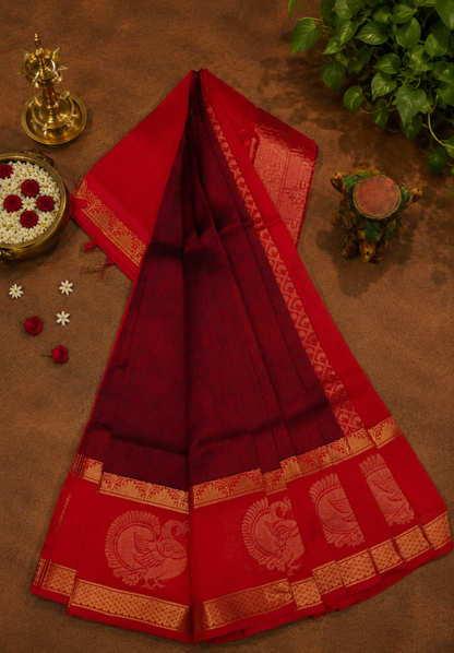 Pure Silk Cotton Saree-Maroon with Red in Heritage Annapakshi Border
