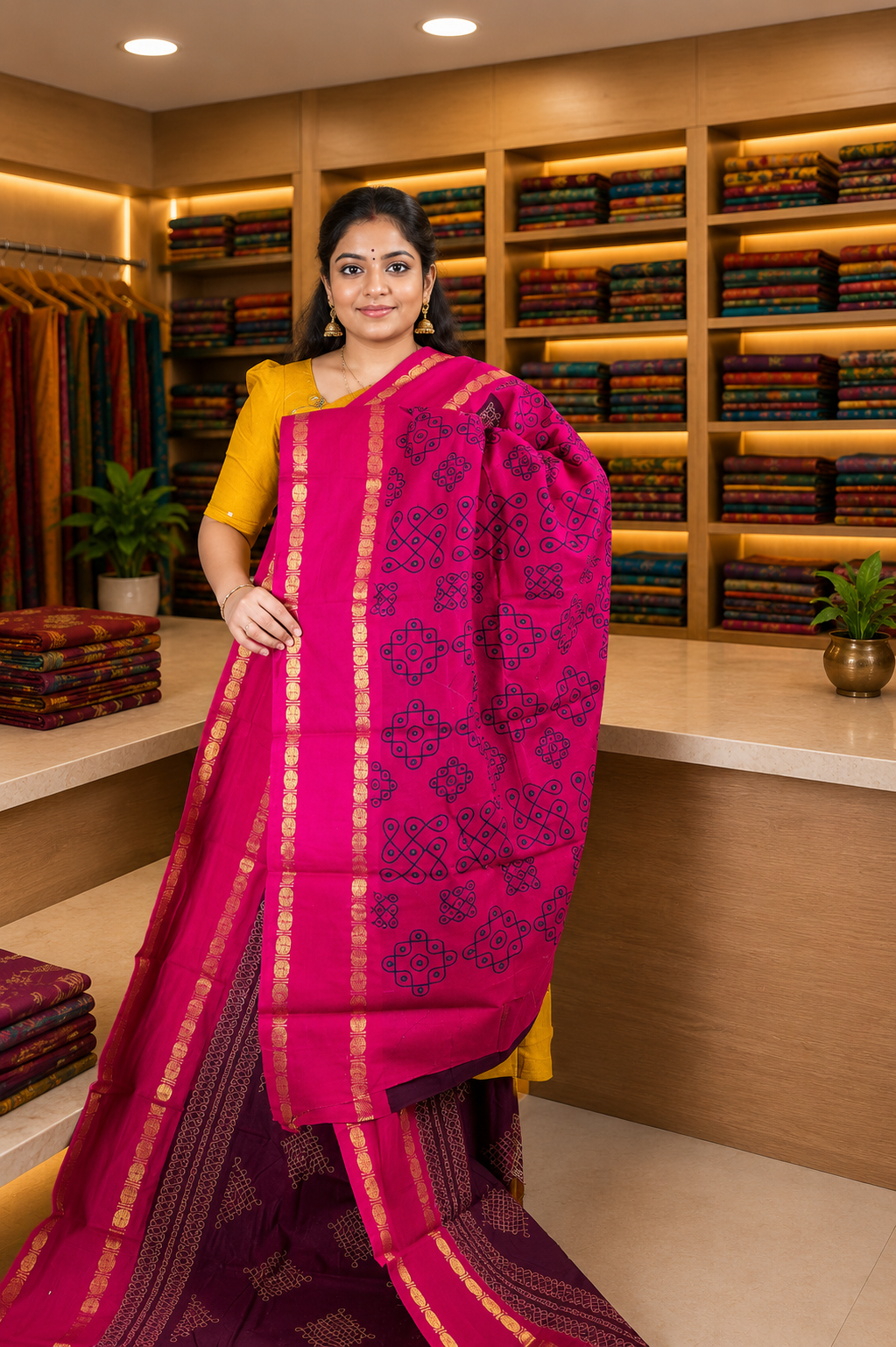 Sungudi Cotton Saree-Arakku with Contrast Retapet Border in Kolam Pattern