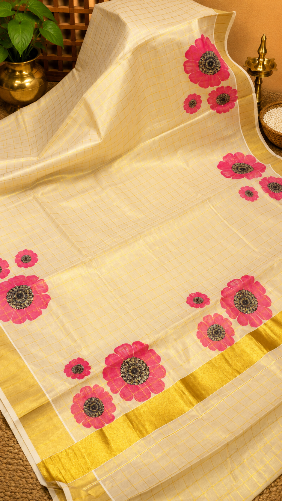 Tissue Saree – Sandal with Golden Checks and Pink Floral Print