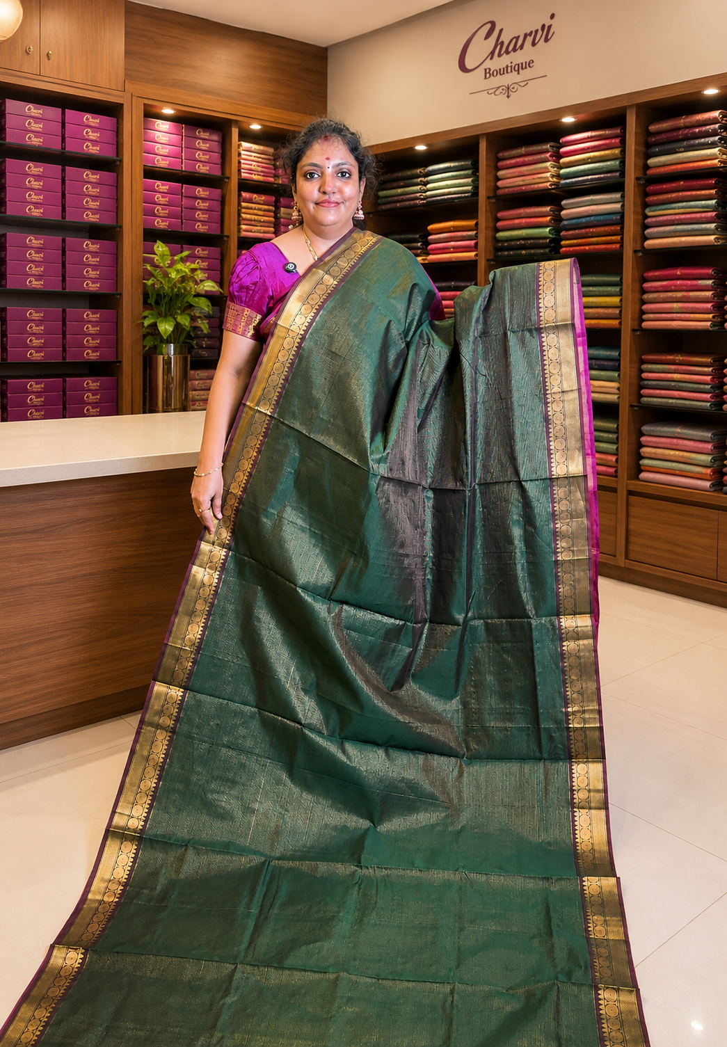 Silk Cotton Saree-Bottle Green with Contrast Border in Vairaoosi Pattern
