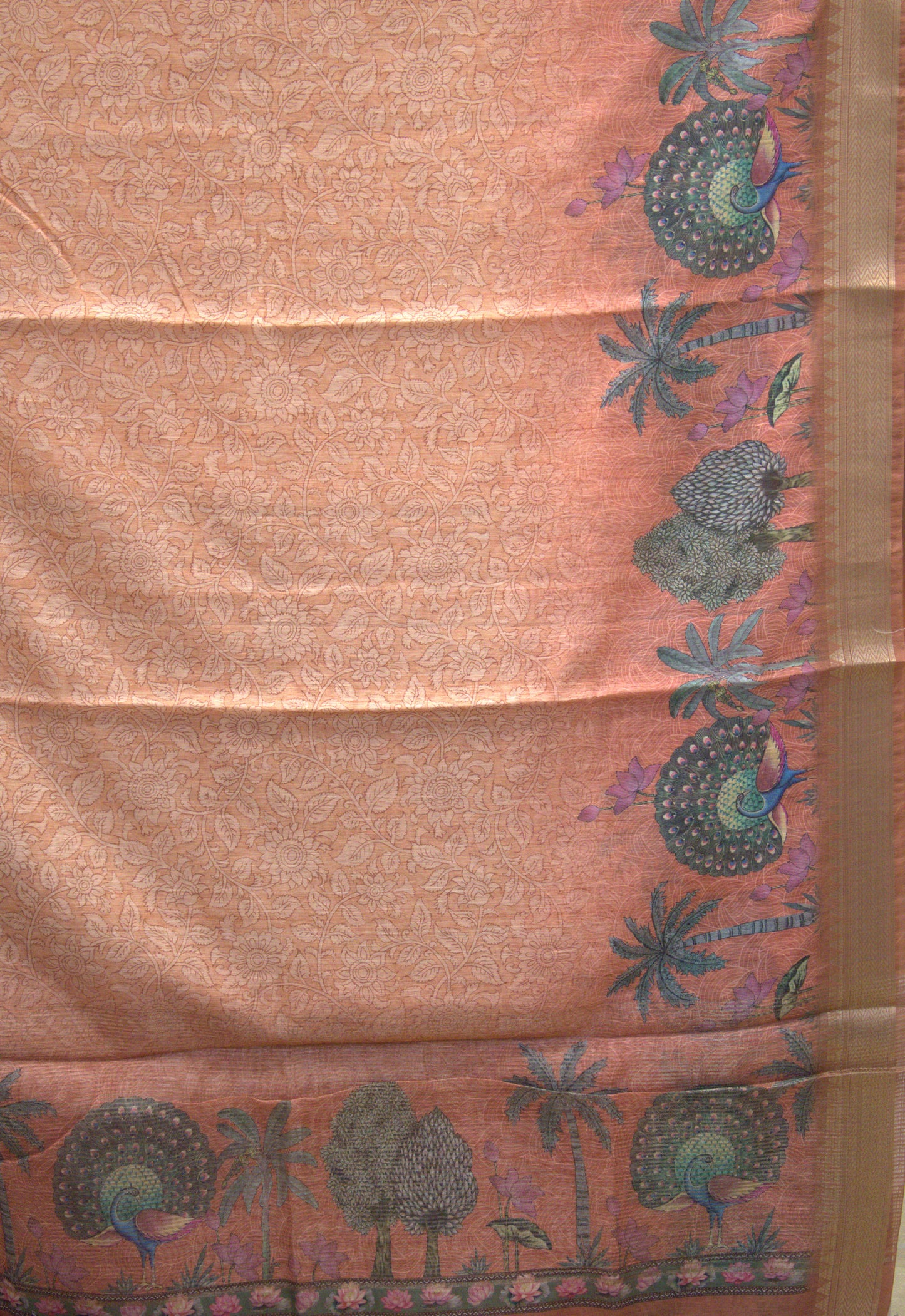 Semi Chanderi Saree Peacock Print-Orange