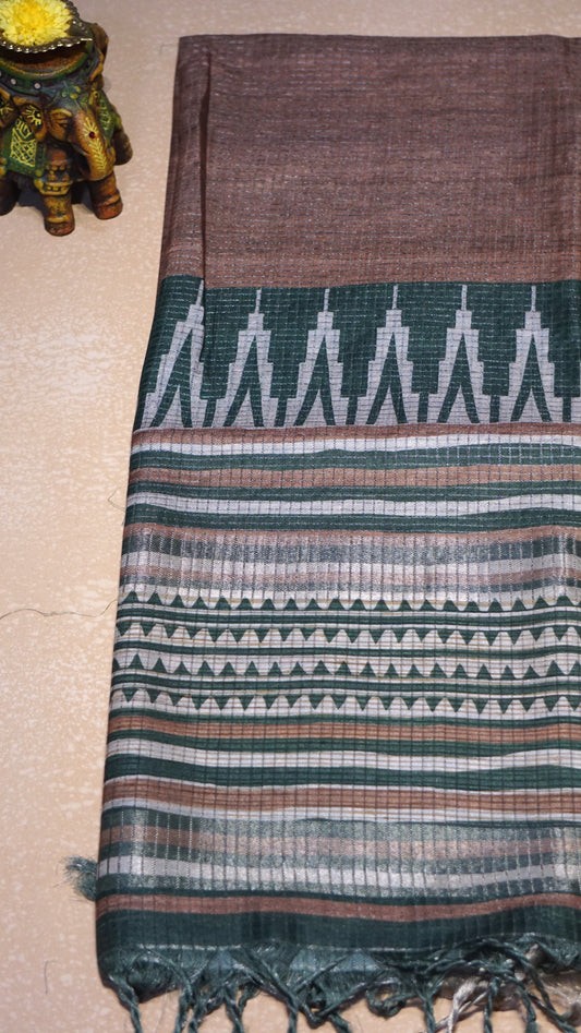 Semi Tussar Saree With Art Zari Chocolate Brown - Green