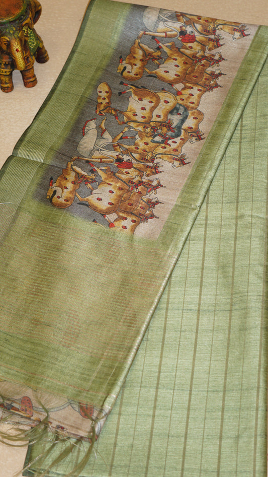 Semi Tussar Saree With Pichwai Border - Green