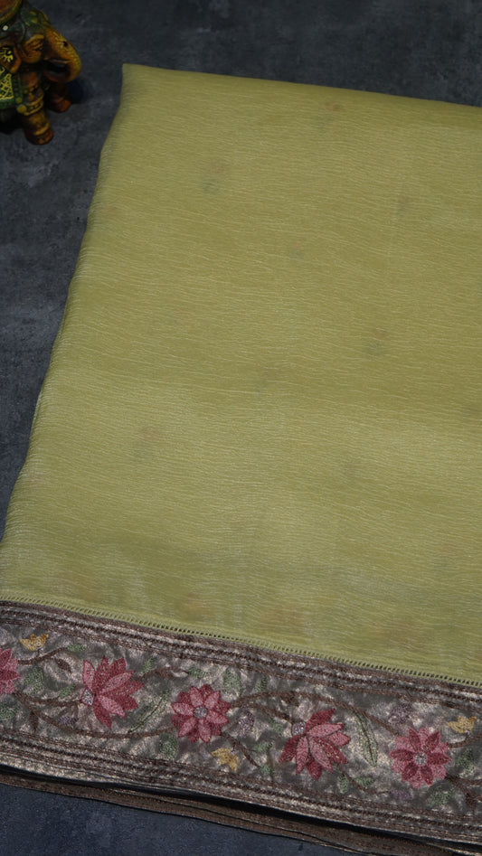 Semi Tussar Saree Crushed With Tissue Border Lime Yellow
