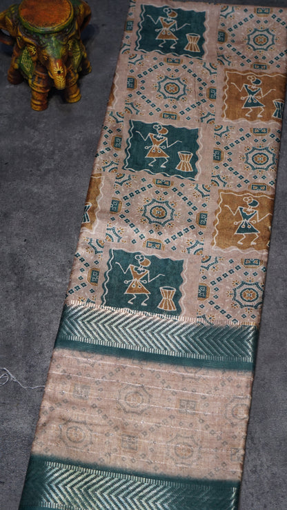 Semi Printed Silk Ajrak Print Sandal - Teal Green