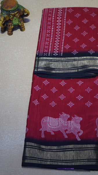 Shiffon Saree Cow Print Red - Black
