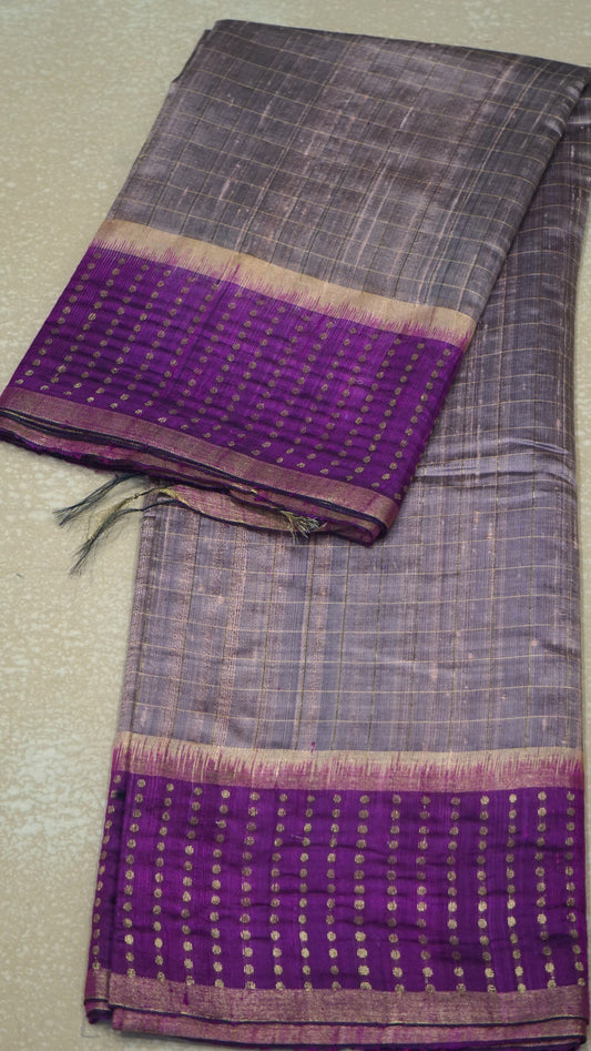 Pure Dupion Silk Saree Checks - Onion Pink with Purple Border