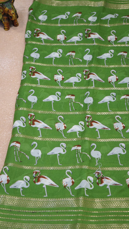 Shiffon Saree Flamingo Design - Green