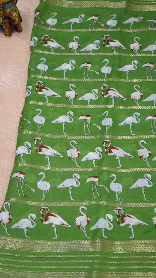Shiffon Saree Flamingo Design - Green