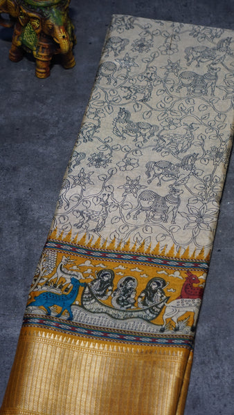 Dola Silk Kalamkari Print Yellow Border