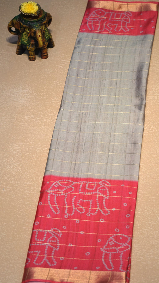 Korean Tussar Saree Mohini Print Pink